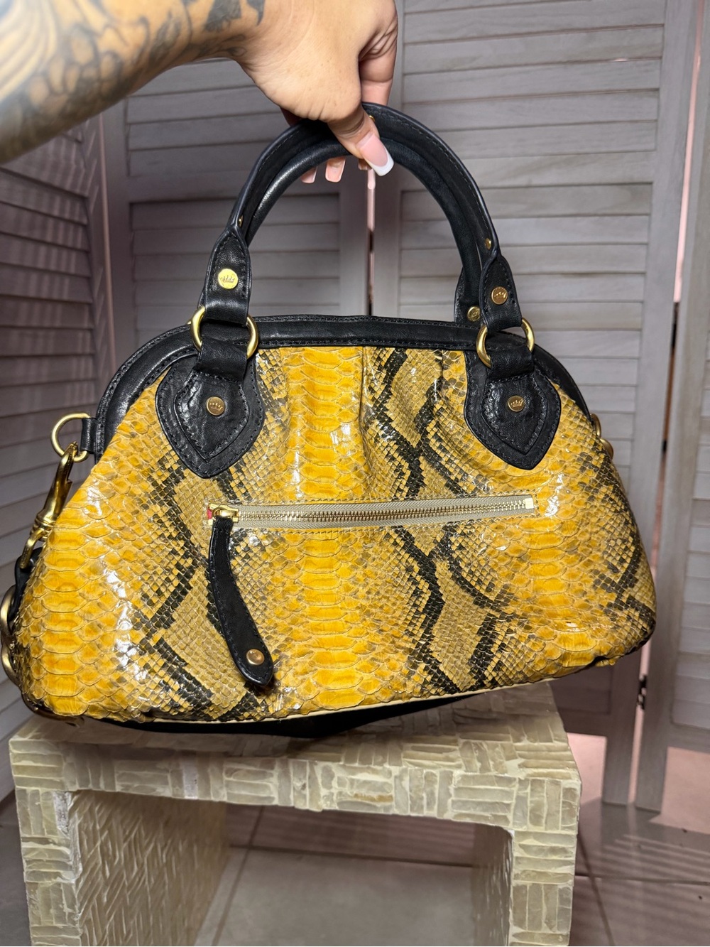 Elaine Turner Yellow Retro Snake-Print Satchel Handbag with Black Trim